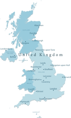 Detailed vector map of United Kingdom showing areas of the UK that ChipsAway offer local car body repairs.